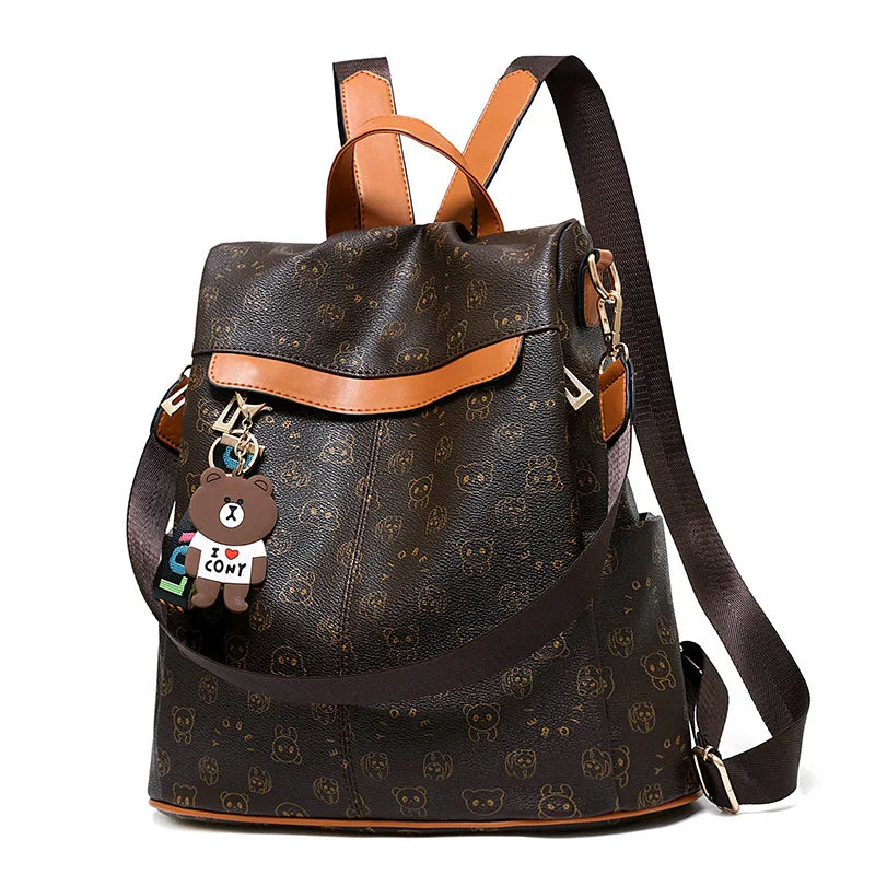 SCOFY Panda Print Anti-theft School Backpack PU Leather Bookbag