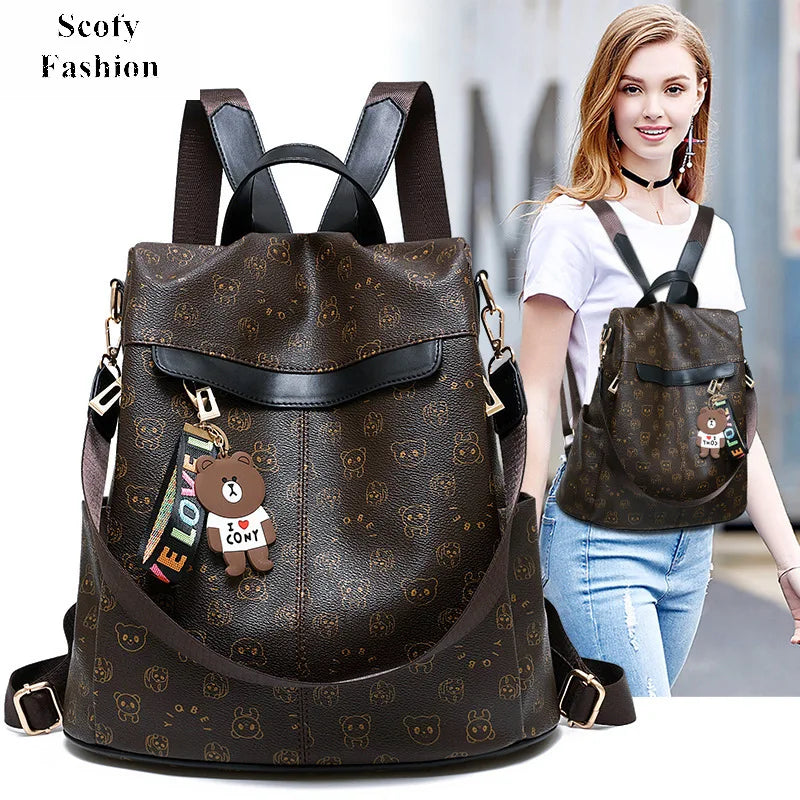 SCOFY Panda Print Anti-theft School Backpack PU Leather Bookbag