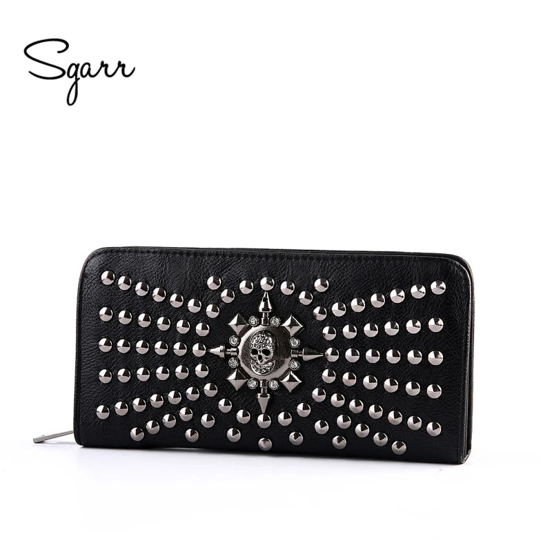 Vintage Leather Skull Rivet Women Clutch Bag