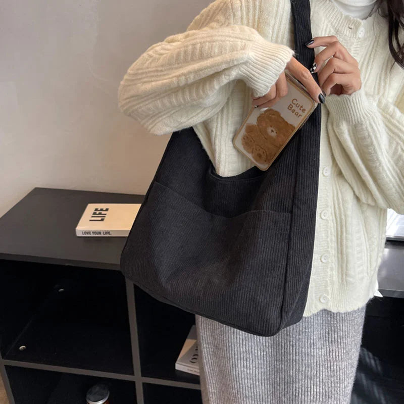 Solid Corduroy Canvas Shoulder Tote Bag for Women Handbag