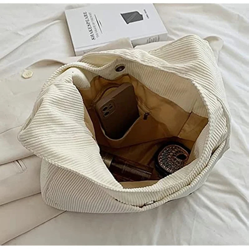 Solid Corduroy Canvas Shoulder Tote Bag for Women Handbag