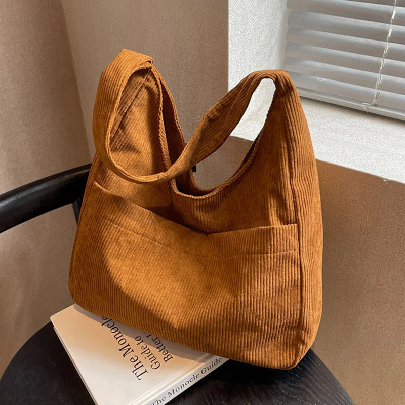 Solid Corduroy Canvas Shoulder Tote Bag for Women Handbag