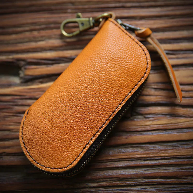 Vintage Leather Key Wallet Holder Short Zipper Small Key Bag
