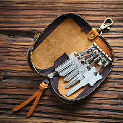 Vintage Leather Key Wallet Holder Short Zipper Small Key Bag