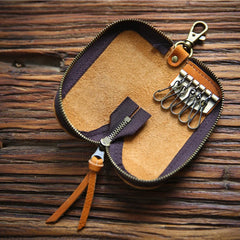 Vintage Leather Key Wallet Holder Short Zipper Small Key Bag