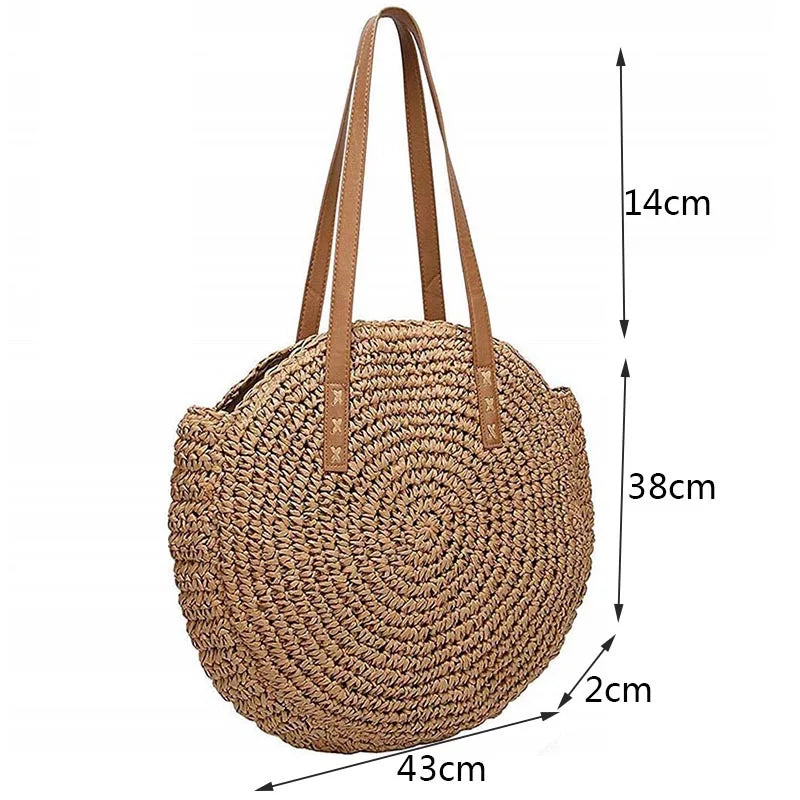 Straw Beach Bag Vintage Woven Rattan Circle Shoulder Bag