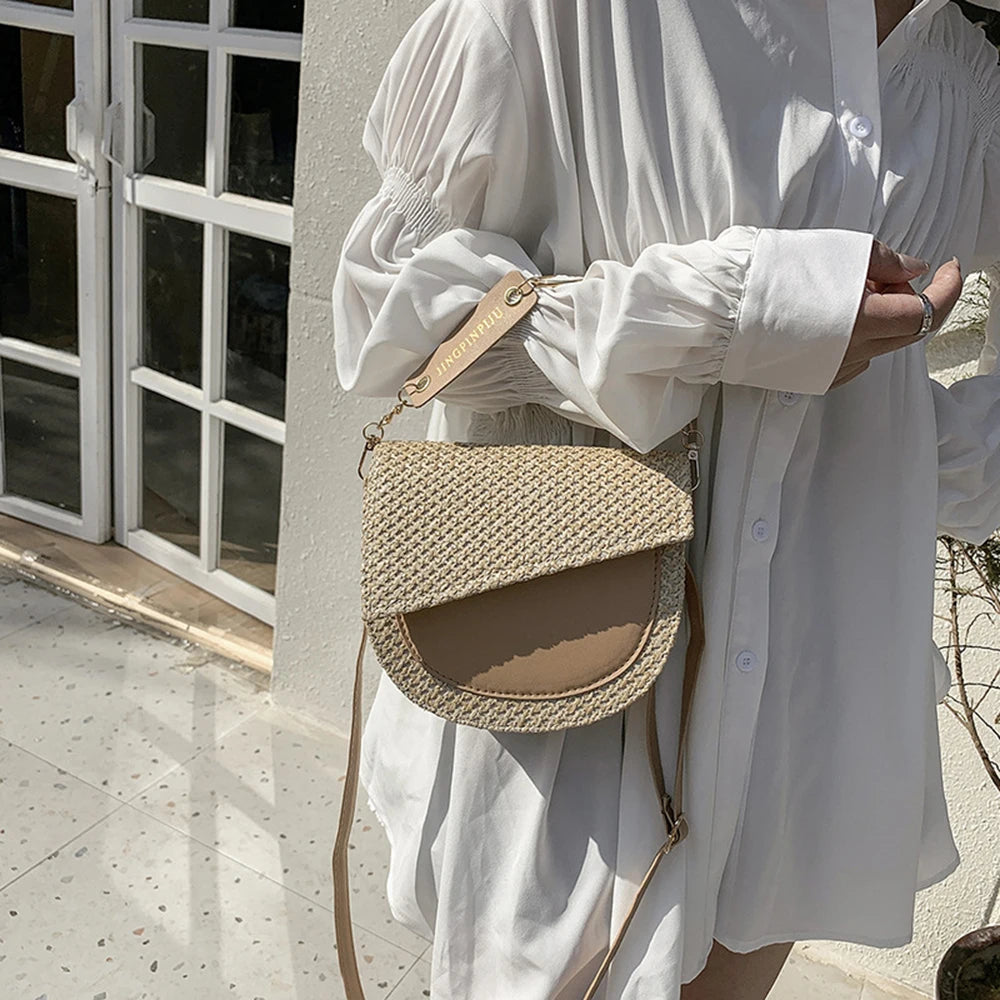 Women Straw Beach Shoulder Bag Saddle Handbag Crossbody
