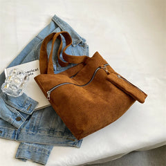 Corduroy Zipper Shoulder Bag Canvas Handbag Casual Tote Female Crossbody