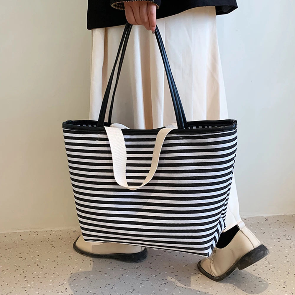 Striped Canvas Beach Bag with Pockets Waterproof Tote Bag