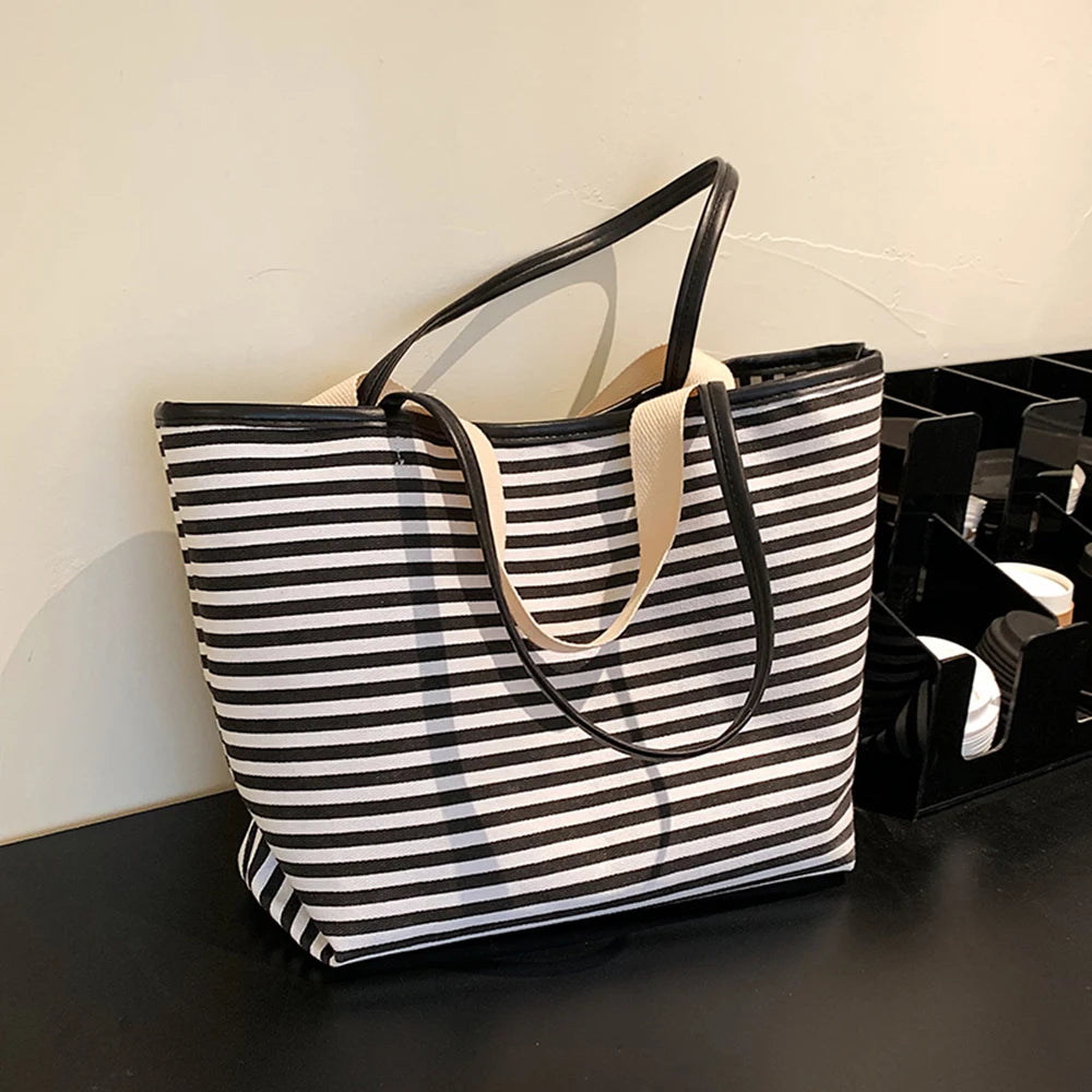 Striped Canvas Beach Bag with Pockets Waterproof Tote Bag