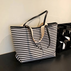 Striped Canvas Beach Bag with Pockets Waterproof Tote Bag