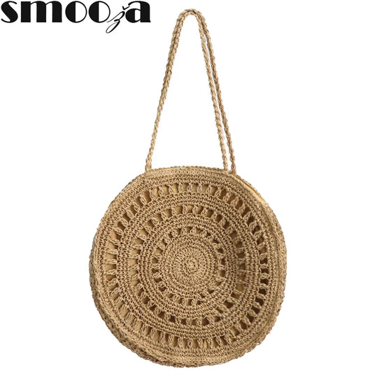 Womens Straw Hand-woven Round Shoulder Bag Bohemian Summer Straw Beach Bag