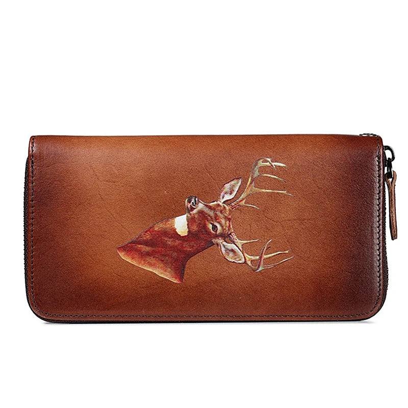 Vintage Leather Long Clutch Wallet with Animal Embossing