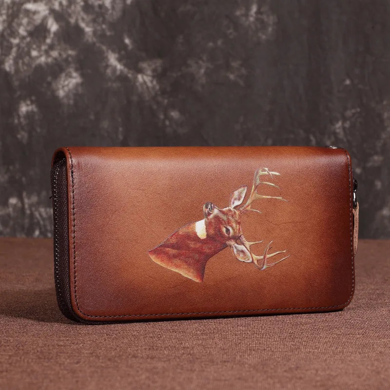 Vintage Leather Long Clutch Wallet with Animal Embossing