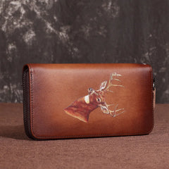 Vintage Leather Long Clutch Wallet with Animal Embossing