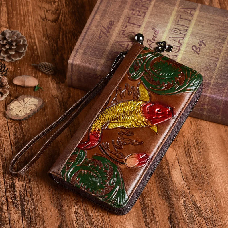 Classic Women Wallets Leather Embossed Golden Fish Zipper Wristlet Bag