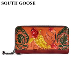 Classic Women Wallets Leather Embossed Golden Fish Zipper Wristlet Bag