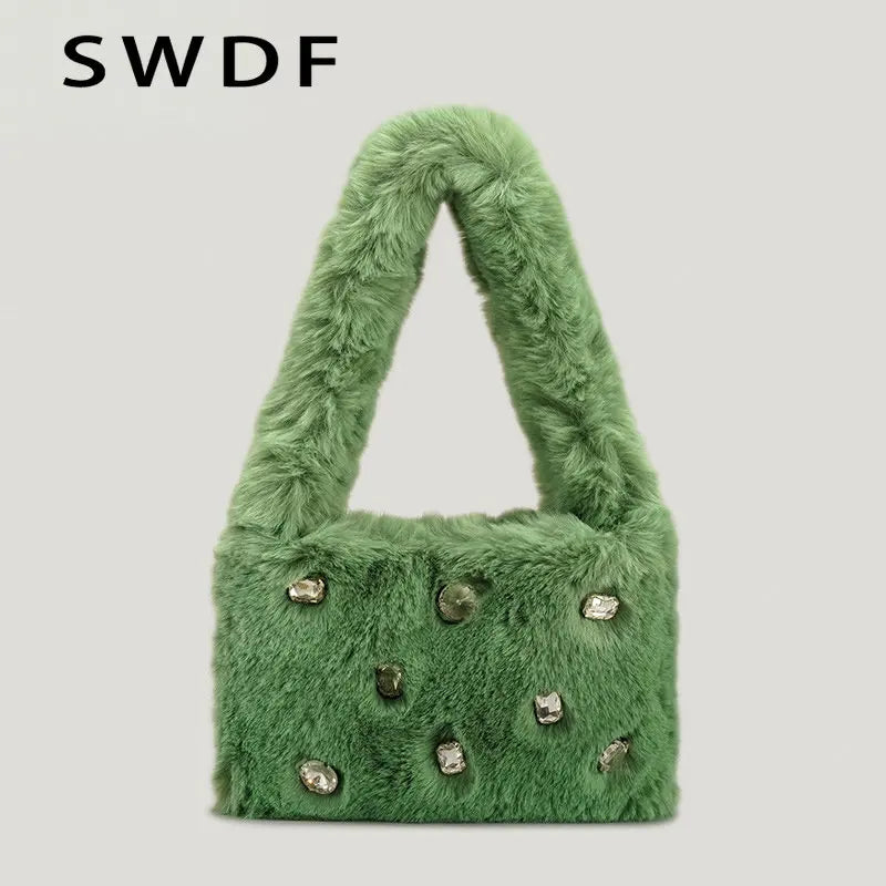 Faux Fur Women Shoulder Bag Plush Handbag Candy Shopper Purse