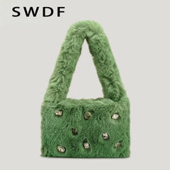 Faux Fur Women Shoulder Bag Plush Handbag Candy Shopper Purse