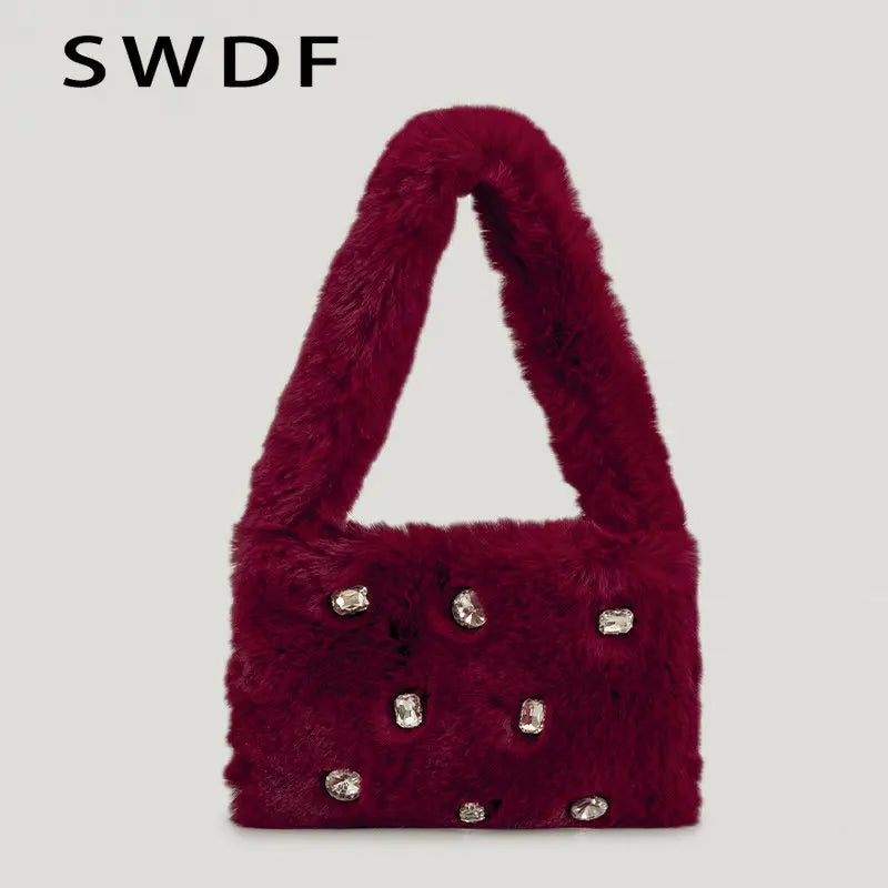 Faux Fur Women Shoulder Bag Plush Handbag Candy Shopper Purse