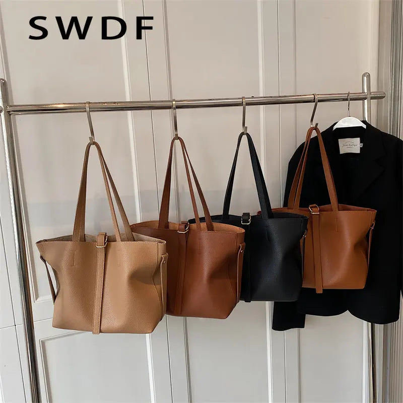 Vintage Women Soft Leather Tote Bags Set - 2pcs