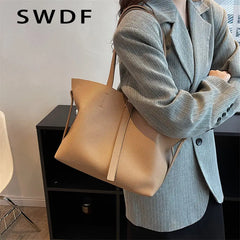 Vintage Women Soft Leather Tote Bags Set - 2pcs