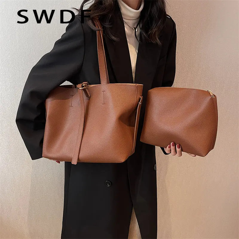 Vintage Women Soft Leather Tote Bags Set - 2pcs