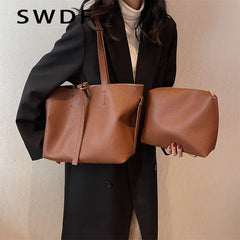 Vintage Women Soft Leather Tote Bags Set - 2pcs