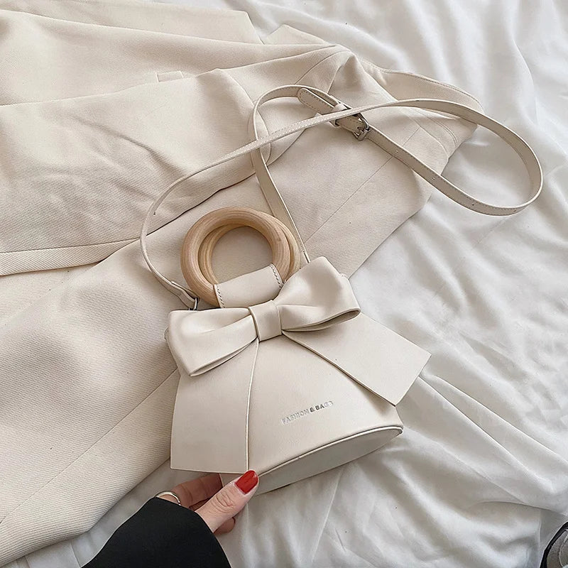 Wooden Handle Mini PU Leather Crossbody Side Bag Women Shoulder Handbag