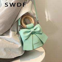 Wooden Handle Mini PU Leather Crossbody Side Bag Women Shoulder Handbag