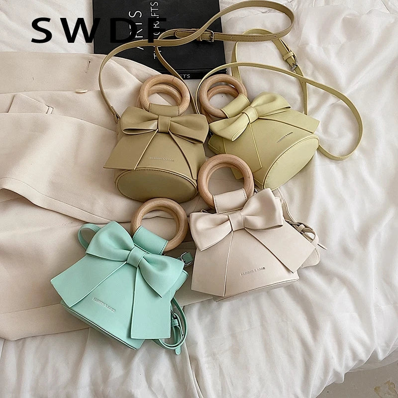 Wooden Handle Mini PU Leather Crossbody Side Bag Women Shoulder Handbag