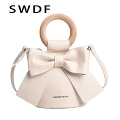 Wooden Handle Mini PU Leather Crossbody Side Bag Women Shoulder Handbag