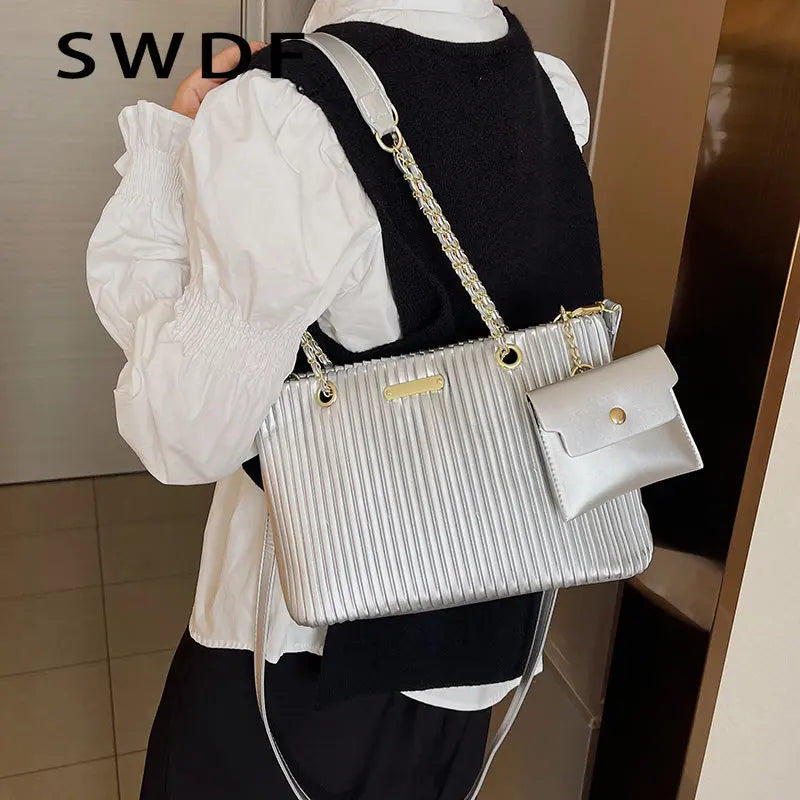 SWDF Pleated Tote Bag Crossbody Bag for Party