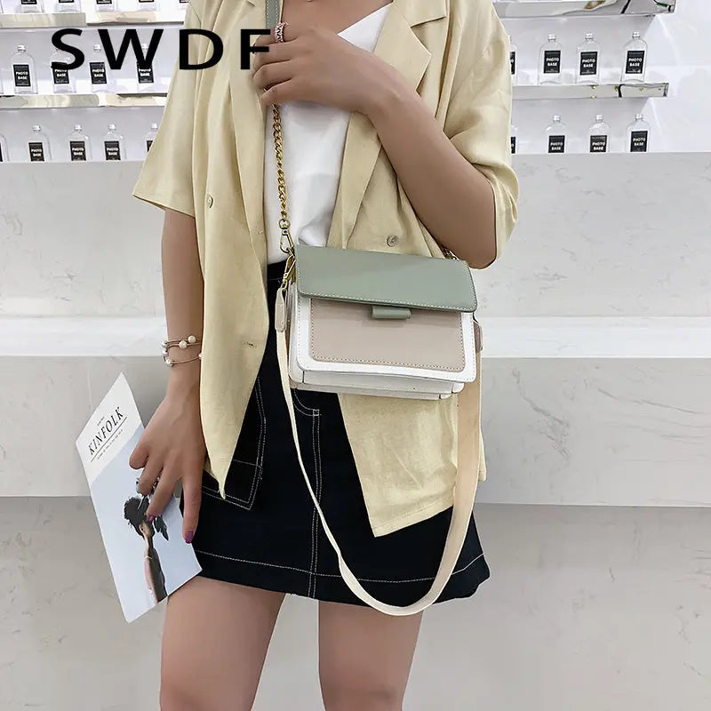 Contrast Leather Crossbody Bag for Women Shoulder Handbag Travel Sac