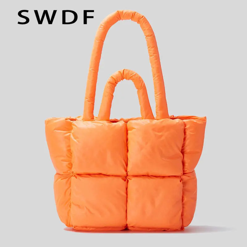 Quilted Nylon Shoulder Bag for Women Winter Tote Handbag