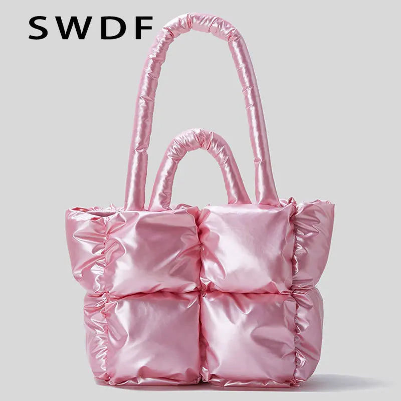 Quilted Nylon Shoulder Bag for Women Winter Tote Handbag