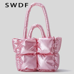 Quilted Nylon Shoulder Bag for Women Winter Tote Handbag