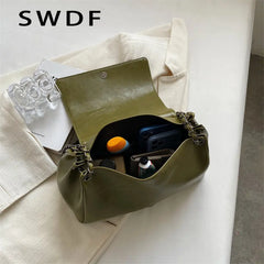 Retro Large Chain Shoulder Bag for Daily Shopping Solid Color Messenger Bag