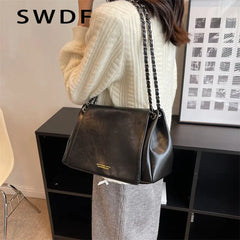 Retro Large Chain Shoulder Bag for Daily Shopping Solid Color Messenger Bag