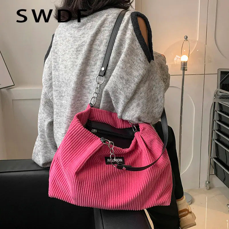 Large Capacity Canvas Handbag Zipper Shoulder Bag Corduroy Tote