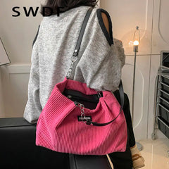 Large Capacity Canvas Handbag Zipper Shoulder Bag Corduroy Tote