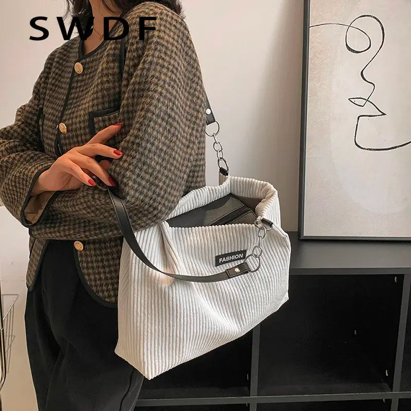 Large Capacity Canvas Handbag Zipper Shoulder Bag Corduroy Tote
