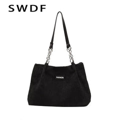 Large Capacity Canvas Handbag Zipper Shoulder Bag Corduroy Tote