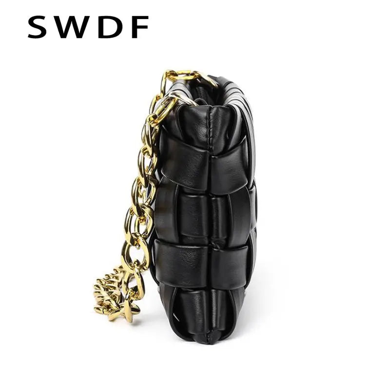 Woven Handbags PU Leather Chain Shoulder Bag Solid Ladies Messenger Bags