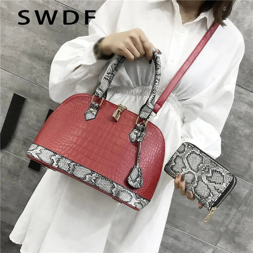 Snake Leather Shoulder Bag Boston Wallet Large Capacity