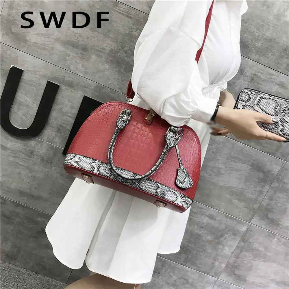 Snake Leather Shoulder Bag Boston Wallet Large Capacity