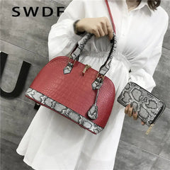Snake Leather Shoulder Bag Boston Wallet Large Capacity