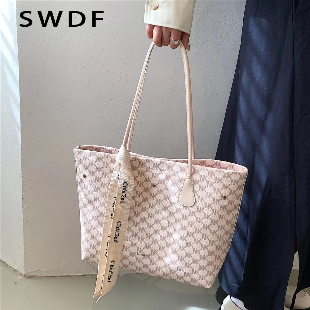 Plaid Tote Shoulder Bag for Women Large Capacity Work Ladies Handbag Beige
