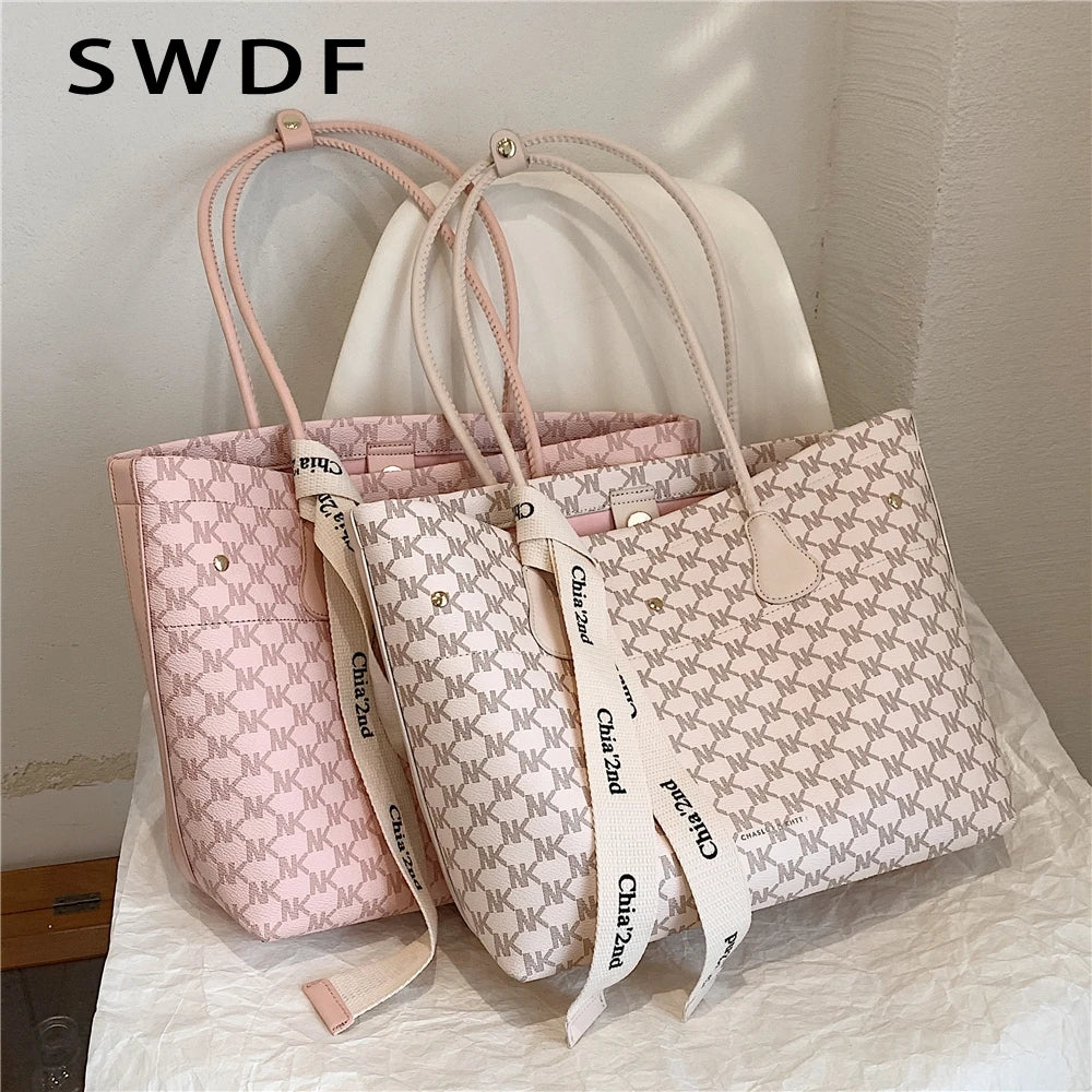 Plaid Tote Shoulder Bag for Women Large Capacity Work Ladies Handbag Beige