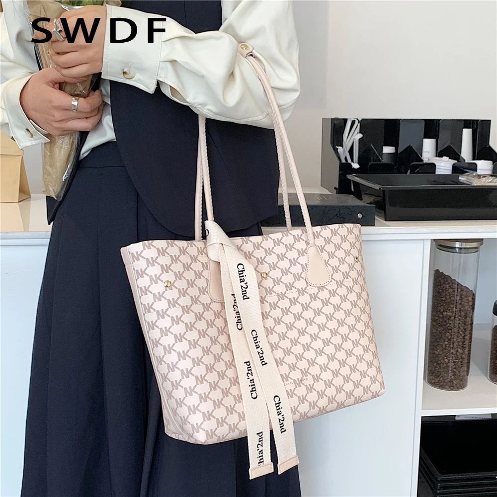 Plaid Tote Shoulder Bag for Women Large Capacity Work Ladies Handbag Beige